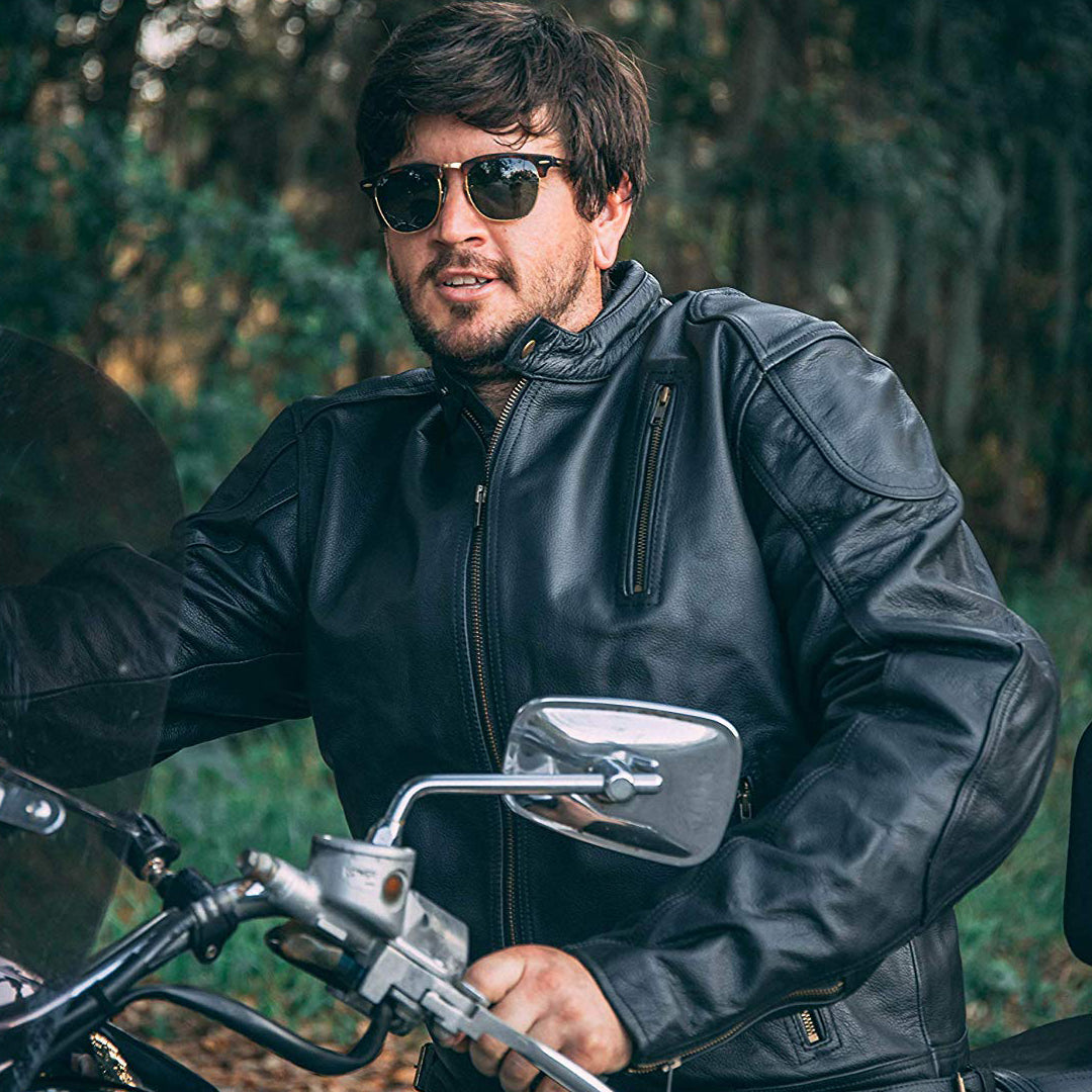 Leather Jacket HWK Men's Leather Motorcycle Jacket CE Armor